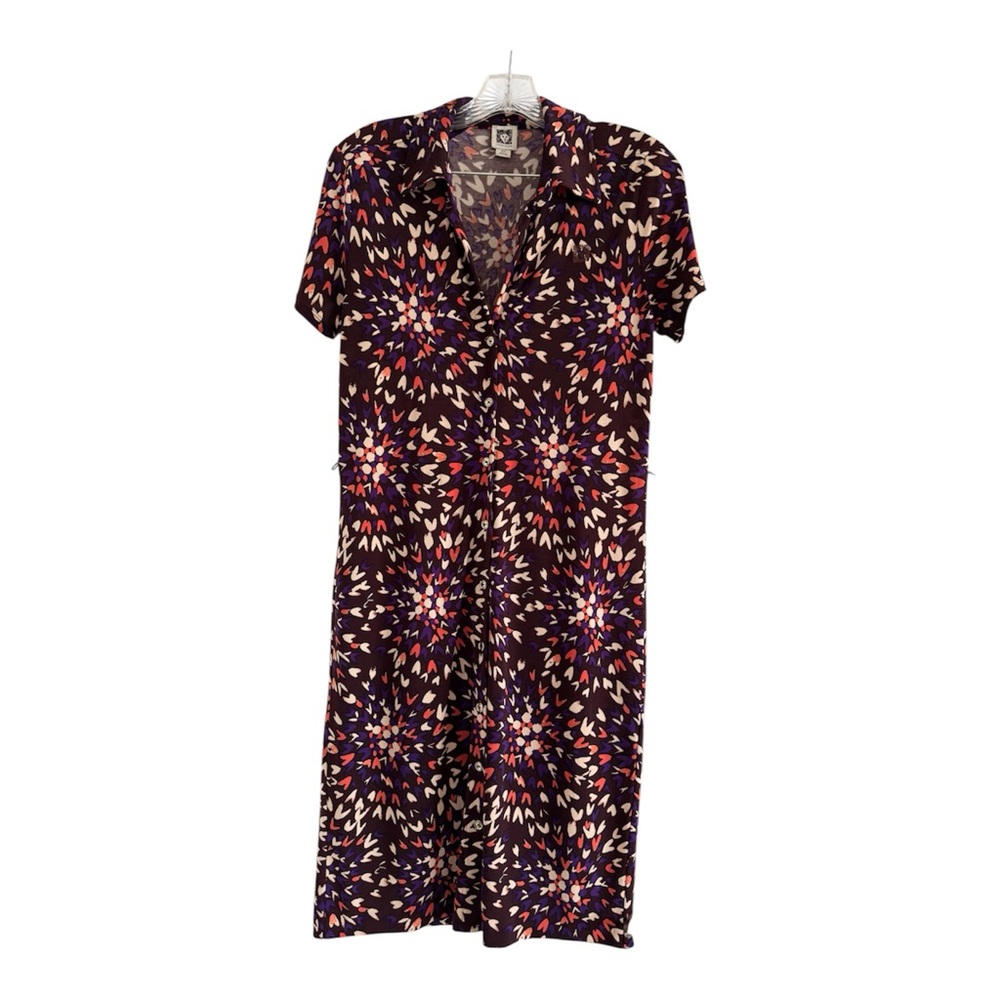 Anne Klein Womens XS Geometric Starburst Button Front Shirt Dress Purple Brown
